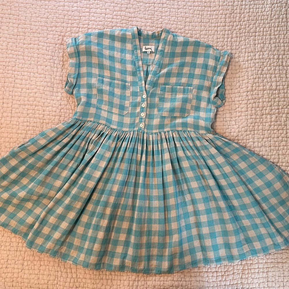 Heinui Noe Short dress in turquoise / natural check linen